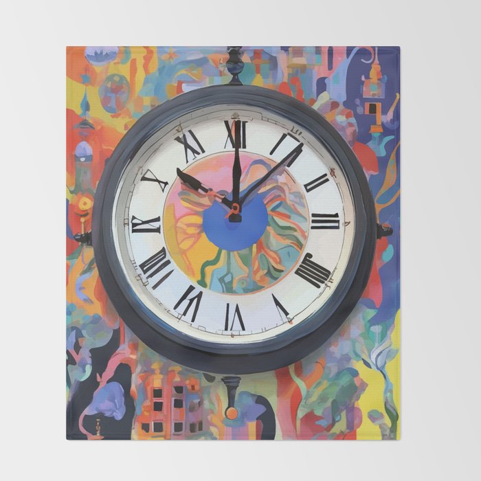 Anxiety, Mental Wellness Awareness Time, Peace of Mind Wall Clock Tower, Eclectic Roman Bohemian Colorful Painting Throw Blanket Gallery Image 2