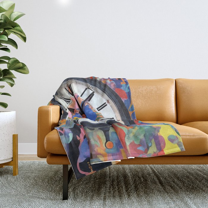 Anxiety, Mental Wellness Awareness Time, Peace of Mind Wall Clock Tower, Eclectic Roman Bohemian Colorful Painting Throw Blanket Gallery Image 1