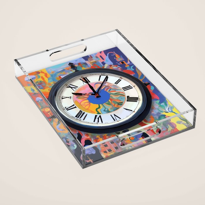 Anxiety, Mental Wellness Awareness Time, Peace of Mind Wall Clock Tower, Eclectic Roman Bohemian Colorful Painting Acrylic Tray Gallery Image 1