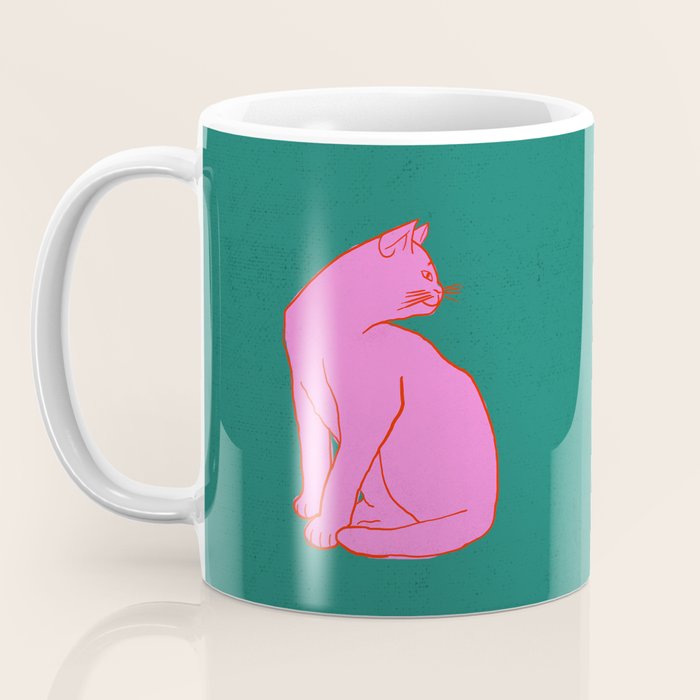Pink Cat On Green Background Coffee Mug Gallery Image 3