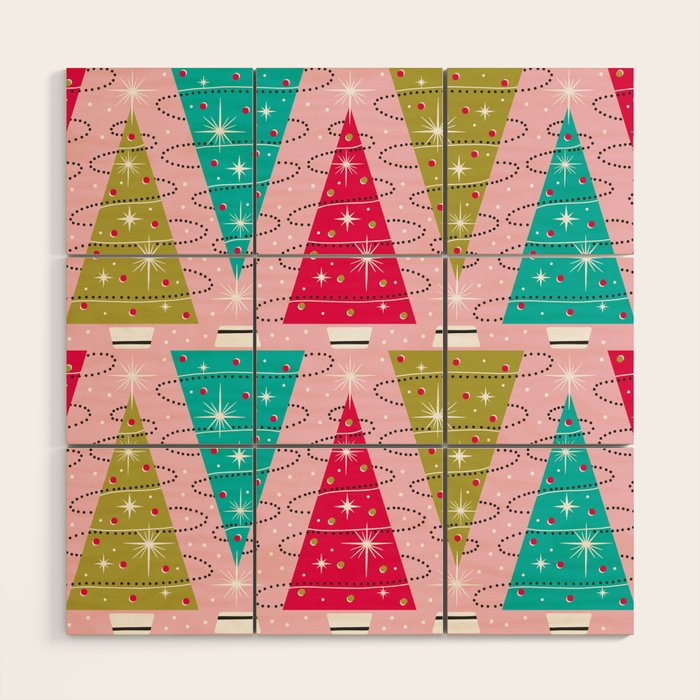 Christmas Tree Trimming Party Pink Wood Wall Art Gallery Image 1