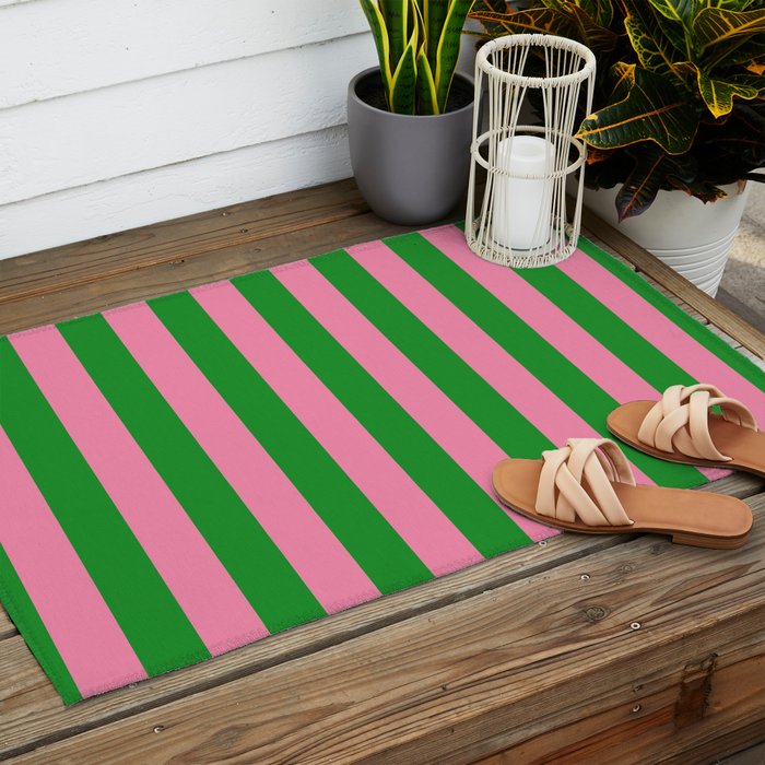 Bold Fun Vertical Stripes Green and Pink Simple Colorful Pop Pattern Outdoor Rug Gallery Image 2