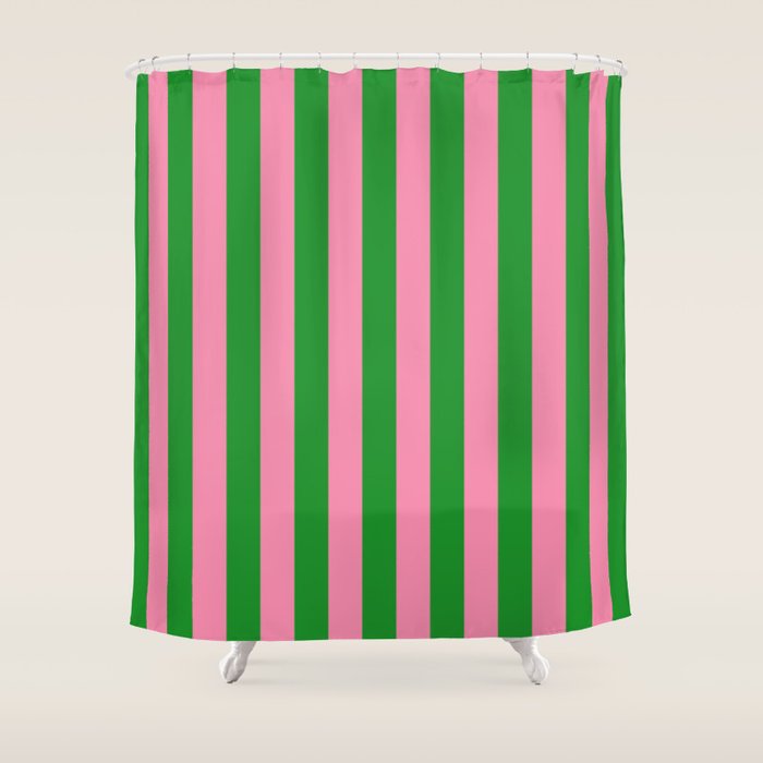 Bold Fun Vertical Stripes Green and Pink Simple Colorful Pop Pattern Shower Curtain Gallery Image 1