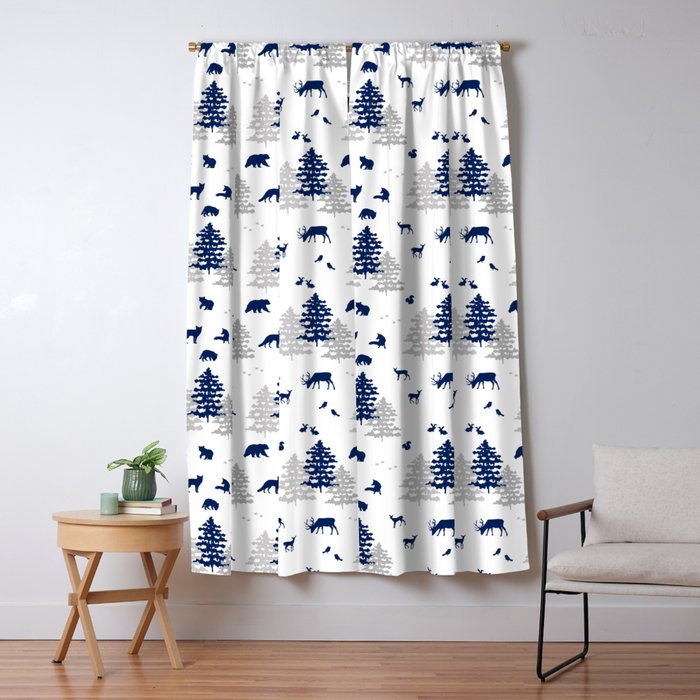 Navy Blue Woodland Animals Window Curtain