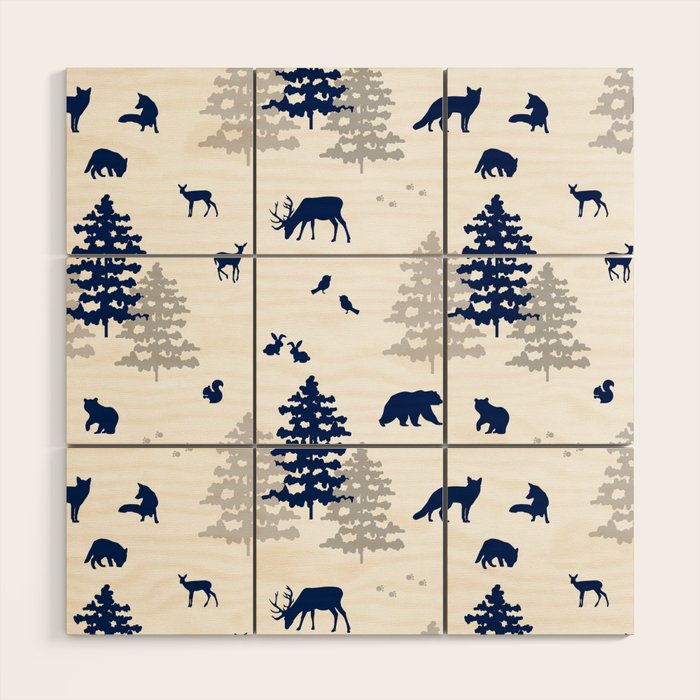 Navy Blue Woodland Animals Wood Wall Art