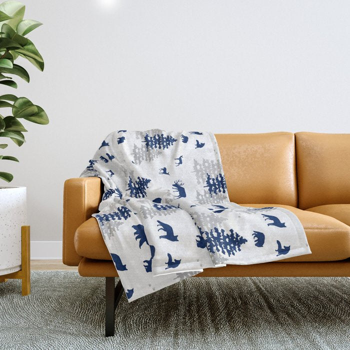 Navy Blue Woodland Animals Throw Blanket Gallery Image 1