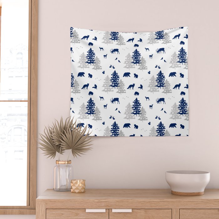 Navy Blue Woodland Animals Wall Tapestry Gallery Image 2