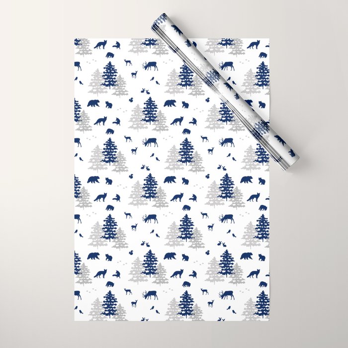 Navy Blue Woodland Animals Wrapping Paper Gallery Image 1
