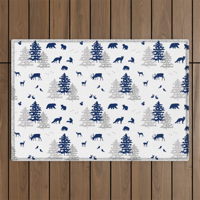 Navy Blue Woodland Animals Outdoor Rug Gallery Image 1