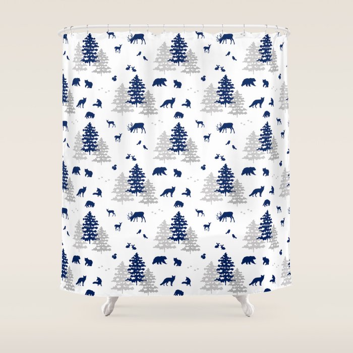 Navy Blue Woodland Animals Shower Curtain Gallery Image 1