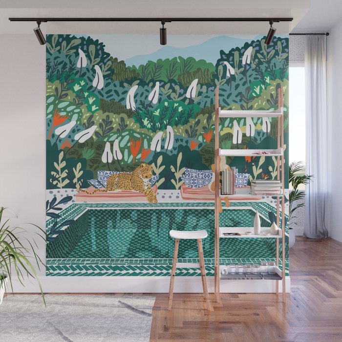 Chilling by the pool with my leopard Tropical Jungle Nature Wildlife Bohemian Morocco Travel Wall Mural Gallery Image 1