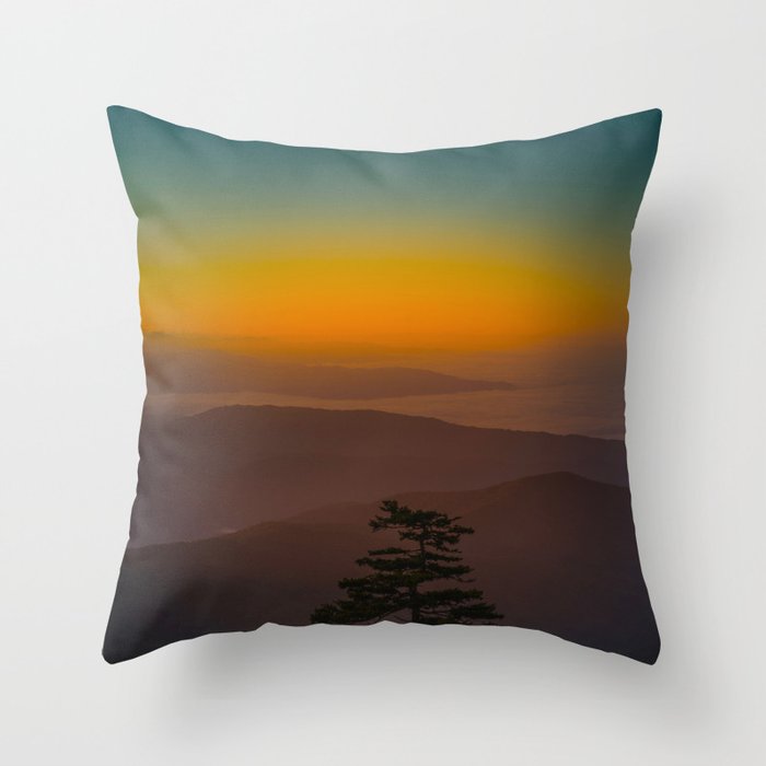 Pretty Pastel Yellow Red Green Sunset With Lone Pine Tree Silhouette Throw Pillow Gallery Image 6