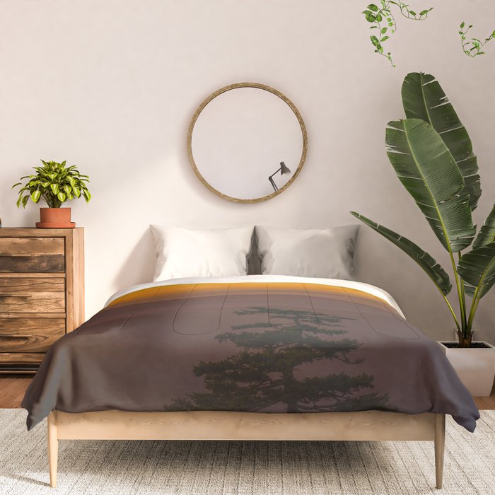 Pretty Pastel Yellow Red Green Sunset With Lone Pine Tree Silhouette Comforter Gallery Image 3