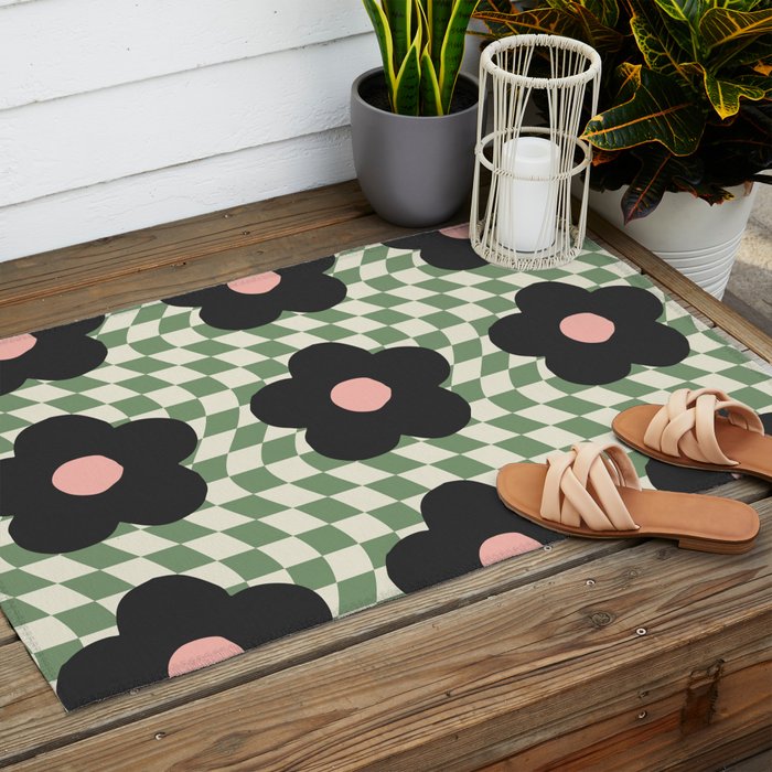 A Single Flower (Checked & Warped BG) Outdoor Rug Gallery Image 2