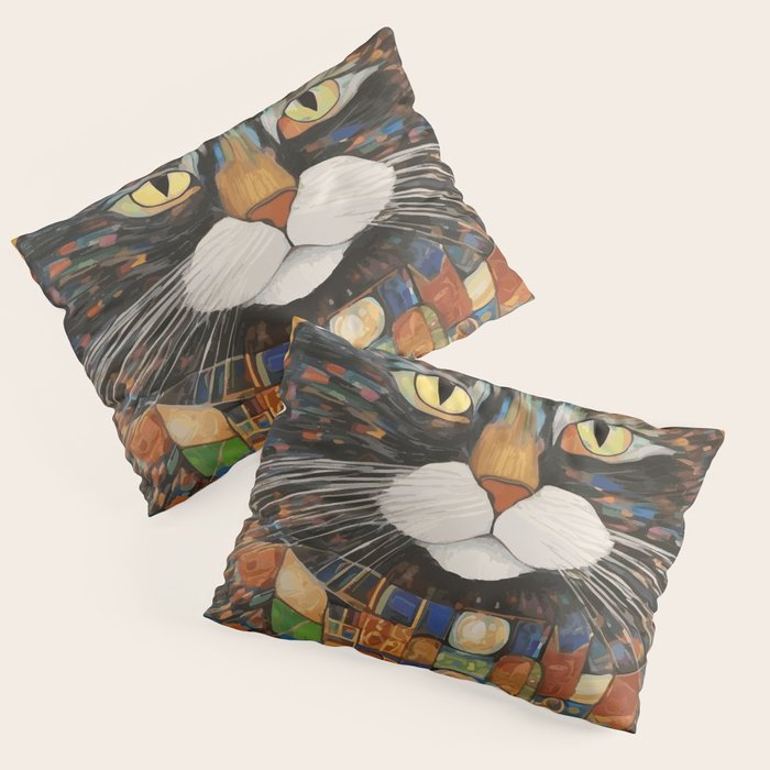 Gustav Klimt Style Warrior Cat with Colorful Medals Pillow Sham Gallery Image 3