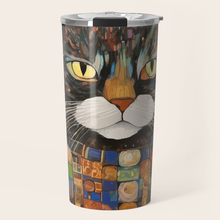 Gustav Klimt Style Warrior Cat with Colorful Medals Travel Mug Gallery Image 1