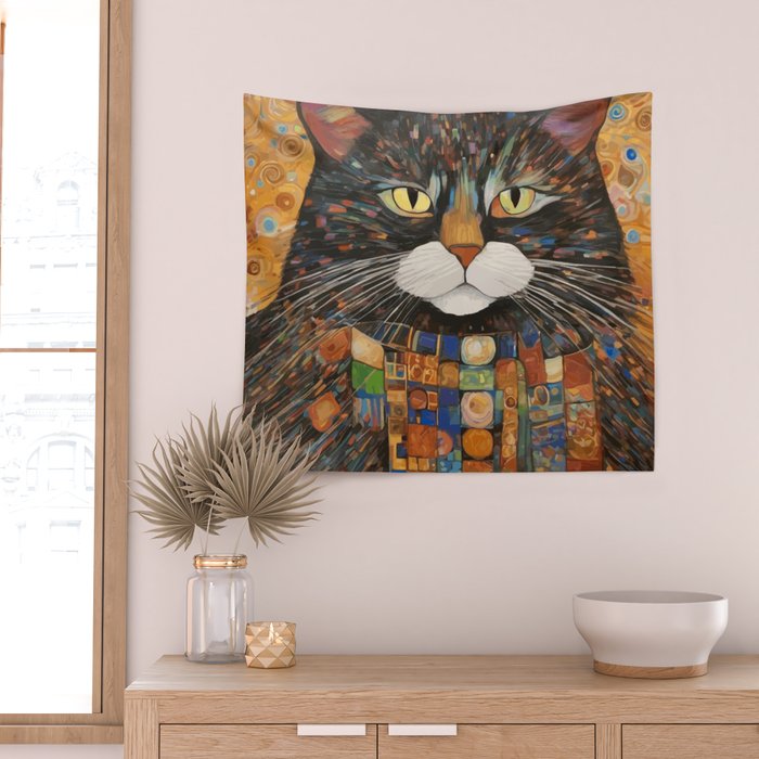 Gustav Klimt Style Warrior Cat with Colorful Medals Wall Tapestry Gallery Image 2