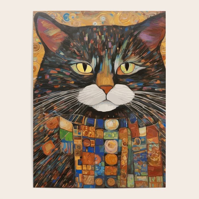 Gustav Klimt Style Warrior Cat with Colorful Medals Poster Gallery Image 1