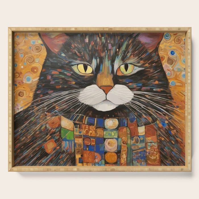 Gustav Klimt Style Warrior Cat with Colorful Medals Serving Tray Gallery Image 1