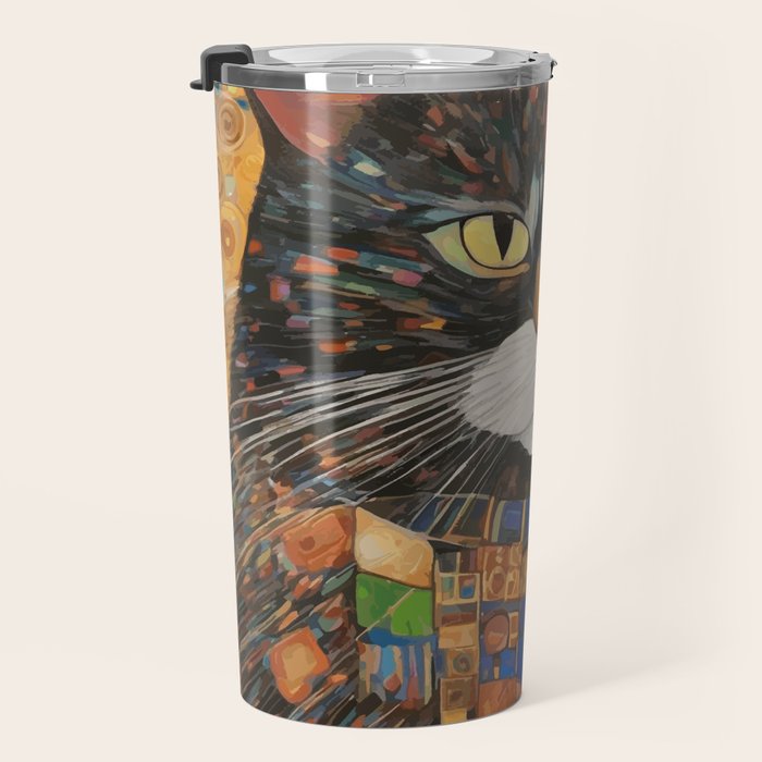 Gustav Klimt Style Warrior Cat with Colorful Medals Travel Mug Gallery Image 3