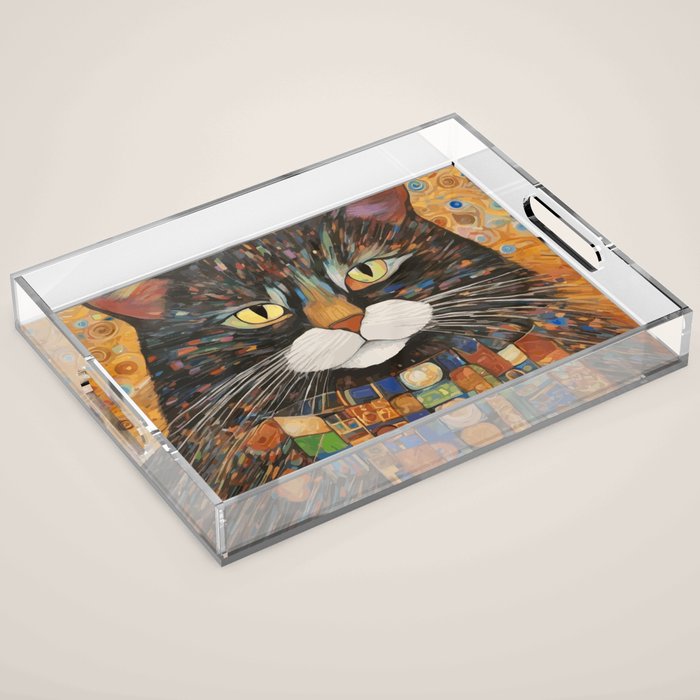 Gustav Klimt Style Warrior Cat with Colorful Medals Acrylic Tray Gallery Image 1