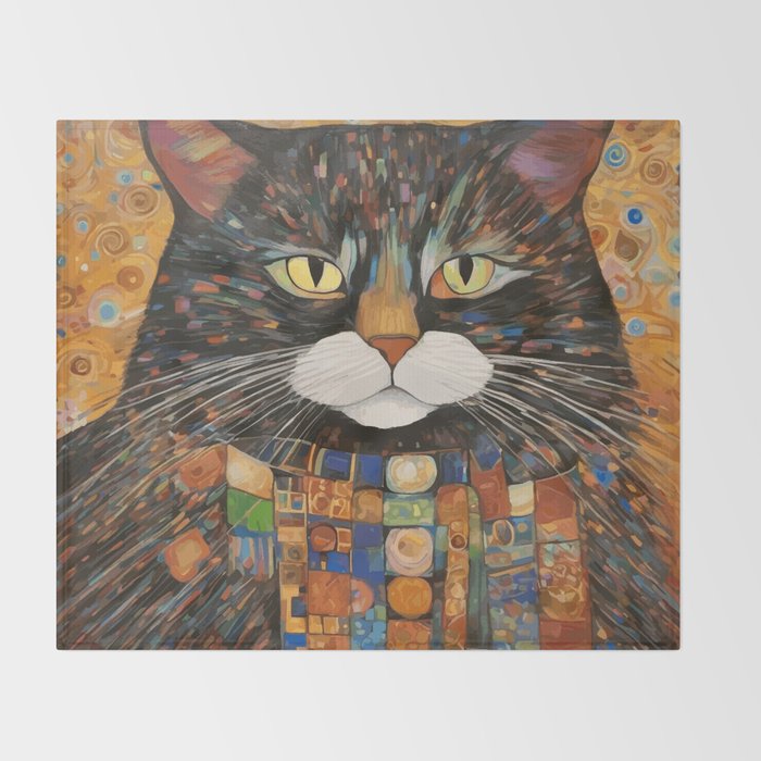 Gustav Klimt Style Warrior Cat with Colorful Medals Throw Blanket Gallery Image 2