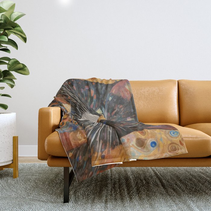 Gustav Klimt Style Warrior Cat with Colorful Medals Throw Blanket Gallery Image 1