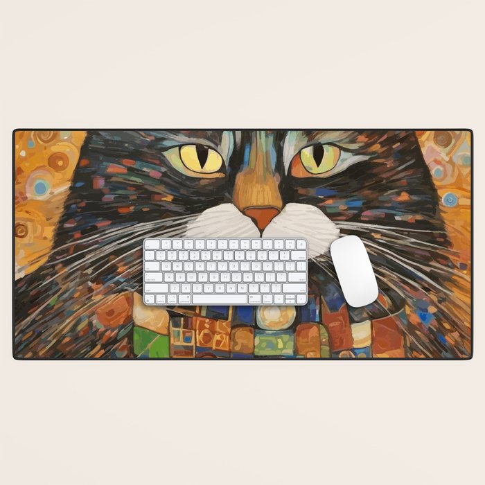 Gustav Klimt Style Warrior Cat with Colorful Medals Desk Mat Gallery Image 1