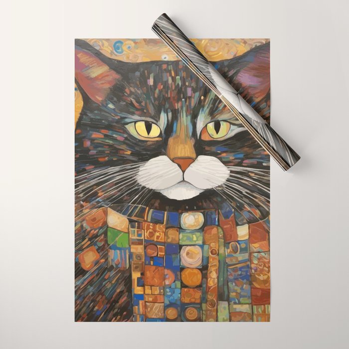 Gustav Klimt Style Warrior Cat with Colorful Medals Wrapping Paper Gallery Image 1