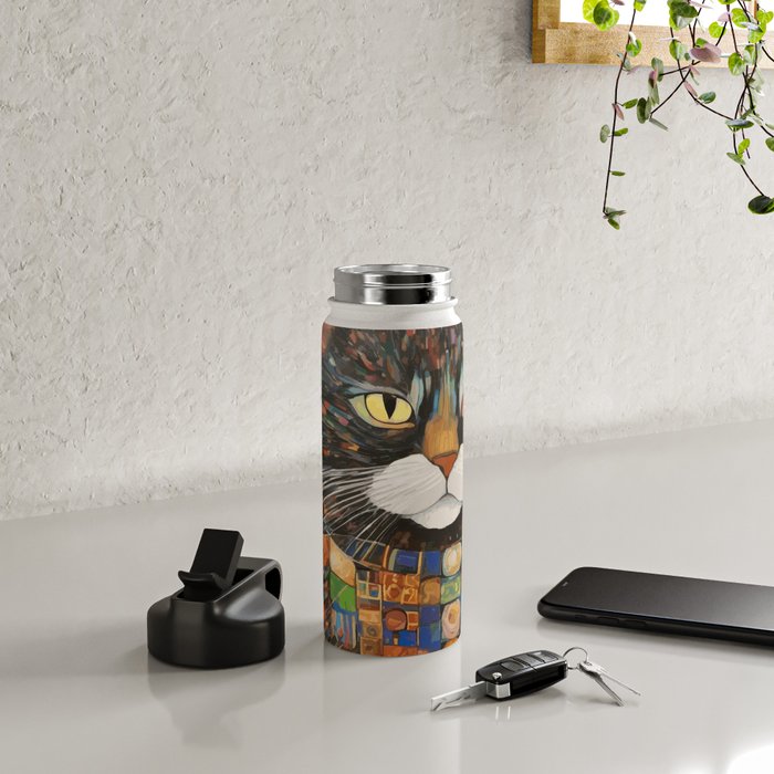 Gustav Klimt Style Warrior Cat with Colorful Medals Water Bottle Gallery Image 4