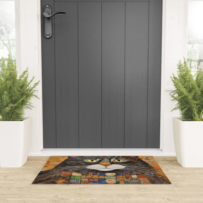 Gustav Klimt Style Warrior Cat with Colorful Medals Welcome Mat Gallery Image 3