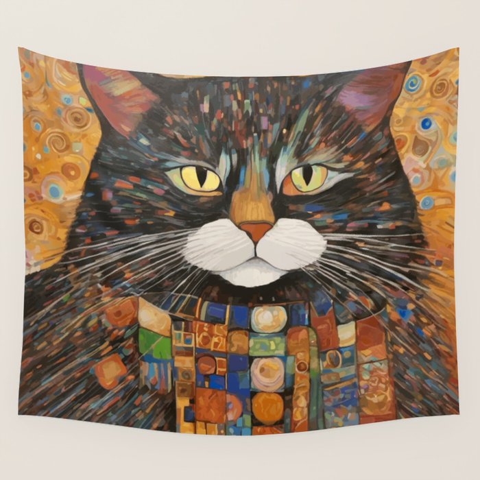 Gustav Klimt Style Warrior Cat with Colorful Medals Wall Tapestry Gallery Image 4
