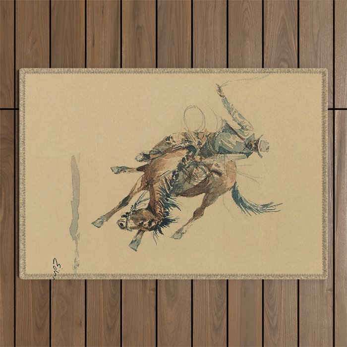 Cowboy on a Bucking Horse 3 by Edward Borein Outdoor Rug Gallery Image 1