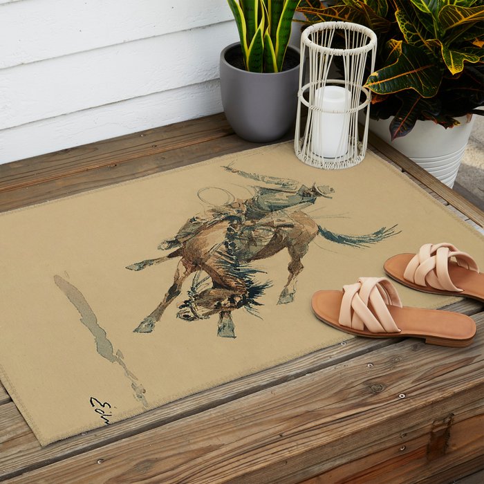 Cowboy on a Bucking Horse 3 by Edward Borein Outdoor Rug Gallery Image 2