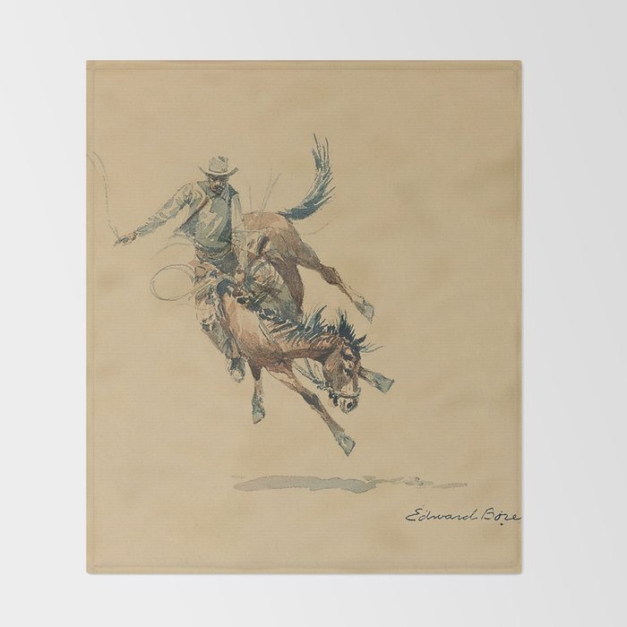 Cowboy on a Bucking Horse 3 by Edward Borein Throw Blanket Gallery Image 2