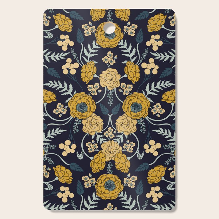 Navy Blue, Turquoise, Cream & Mustard Yellow Dark Floral Pattern Cutting Board Gallery Image 1
