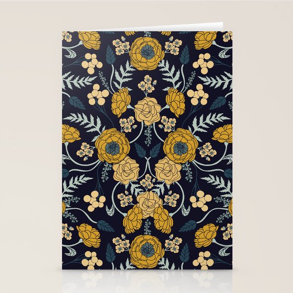 Navy Blue, Turquoise, Cream & Mustard Yellow Dark Floral Pattern Stationery Card Gallery Image 2