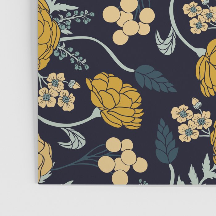 Navy Blue, Turquoise, Cream & Mustard Yellow Dark Floral Pattern Poster Gallery Image 3