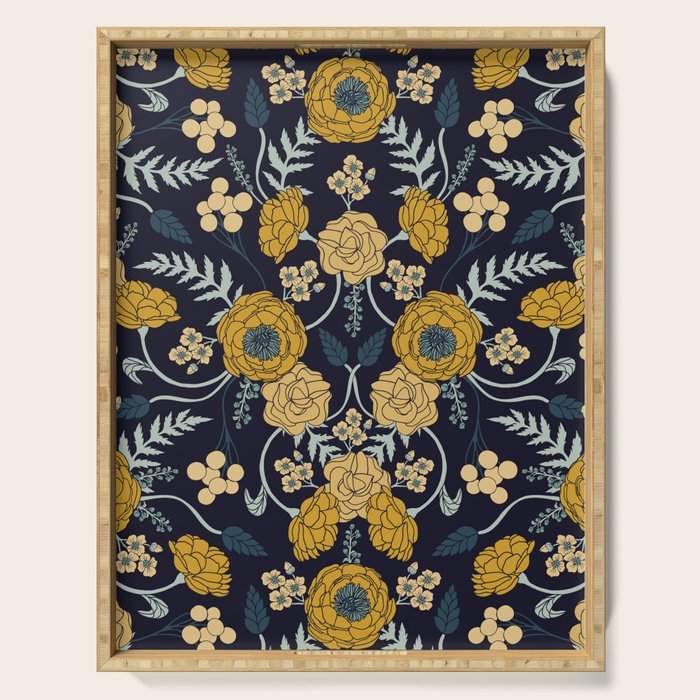 Navy Blue, Turquoise, Cream & Mustard Yellow Dark Floral Pattern Serving Tray Gallery Image 1