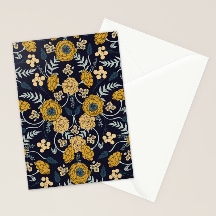 Navy Blue, Turquoise, Cream & Mustard Yellow Dark Floral Pattern Stationery Card Gallery Image 2