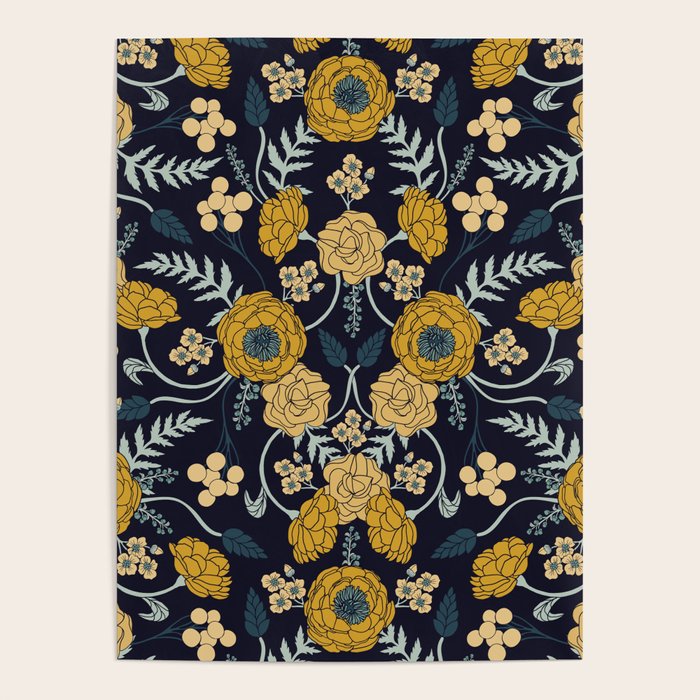 Navy Blue, Turquoise, Cream & Mustard Yellow Dark Floral Pattern Poster Gallery Image 4