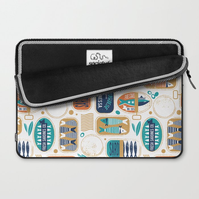 Vintage canned sardines // white background peacock teal and gold drop orange cans  Laptop Sleeve Gallery Image 2