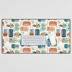 Vintage canned sardines // white background peacock teal and gold drop orange cans  Desk Mat Gallery Image 1