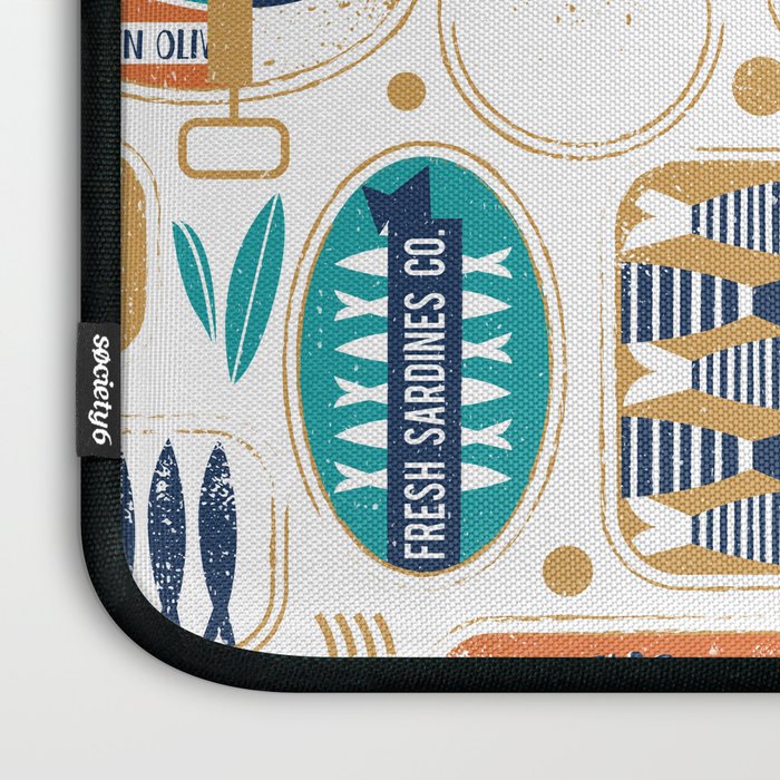 Vintage canned sardines // white background peacock teal and gold drop orange cans  Laptop Sleeve Gallery Image 3