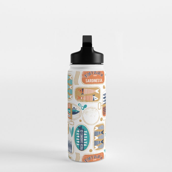 Vintage canned sardines // white background peacock teal and gold drop orange cans  Water Bottle Gallery Image 3