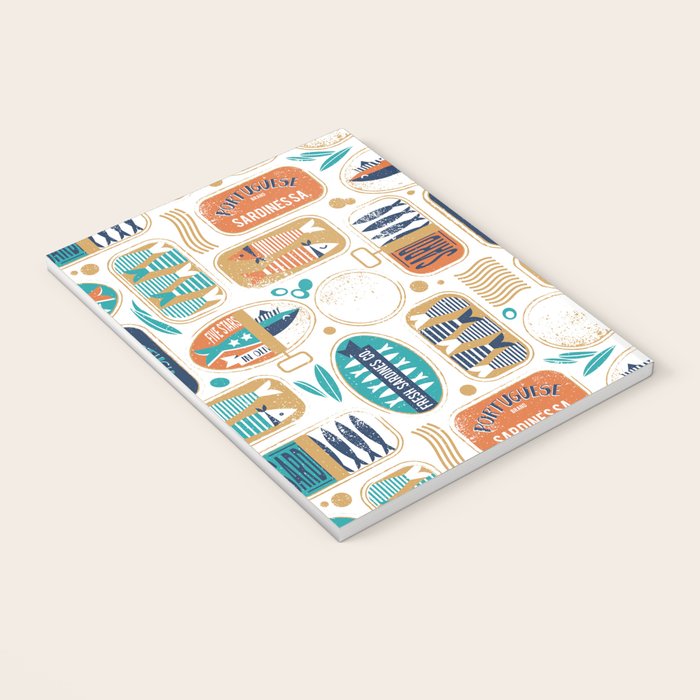 Vintage canned sardines // white background peacock teal and gold drop orange cans  Notebook Gallery Image 3