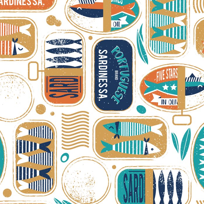 Vintage canned sardines // white background peacock teal and gold drop orange cans  Coffee Mug Gallery Image 2