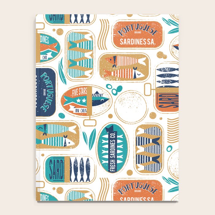 Vintage canned sardines // white background peacock teal and gold drop orange cans  Notebook Gallery Image 4
