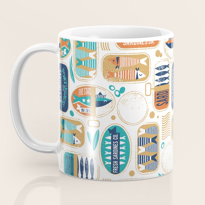 Vintage canned sardines // white background peacock teal and gold drop orange cans  Coffee Mug Gallery Image 3