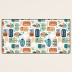 Vintage canned sardines // white background peacock teal and gold drop orange cans  Desk Mat Gallery Image 3
